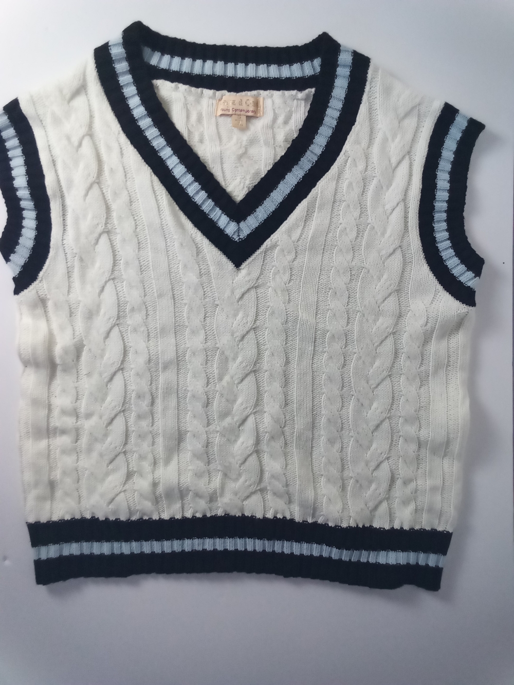 Court Cable Knit Sleeveless Sweater Vest Navy Light Blue Trim Tennis Academia